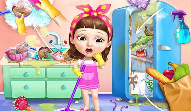 Süße Baby Mädchen Cleanup Messy Haus