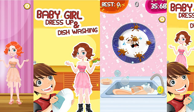 लड़की ड्रेस अप और डिशवॉशिंग