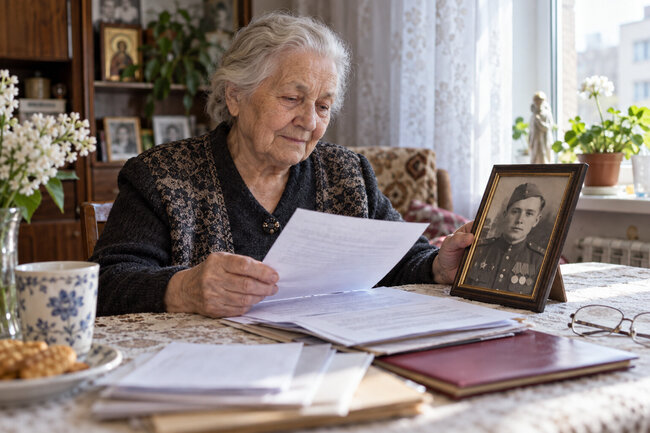 Пожилая женщина дома проверяет документы для оформления пенсионных прав после смерти супруга — ветерана Великой Отечественной войны.
