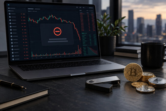 Экран криптовалютной платформы и аппаратный кошелёк