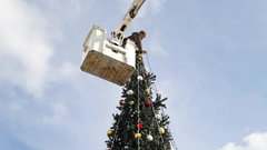 На площади Ленина в Воронеже начали устанавливать 21-метровую новогоднюю елку