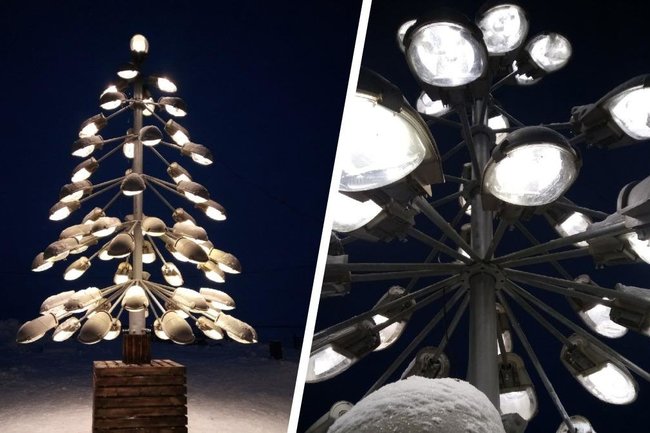елка, созданная из старых уличных светильников