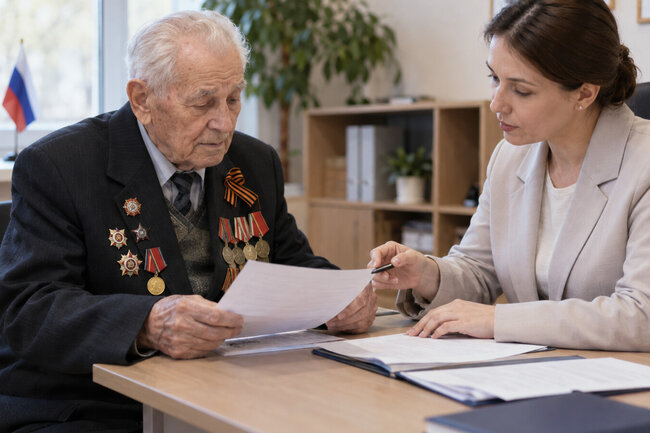 Ветеран боевых действий обсуждает документы на ежемесячную выплату с социальным консультантом.